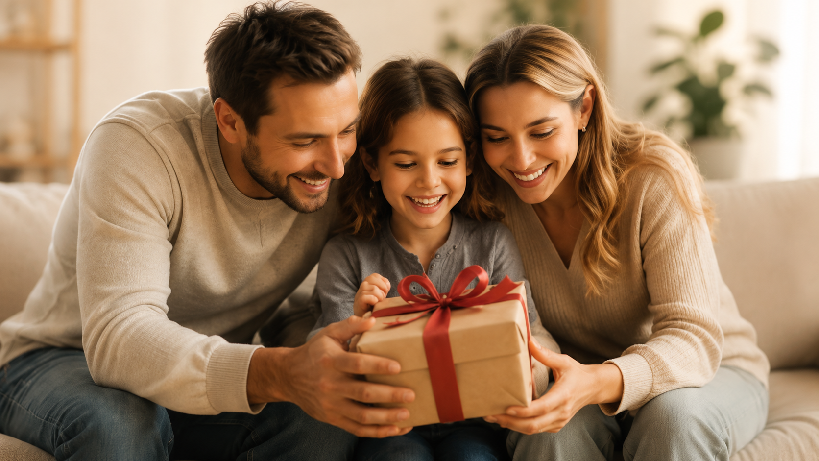 Família feliz com presente